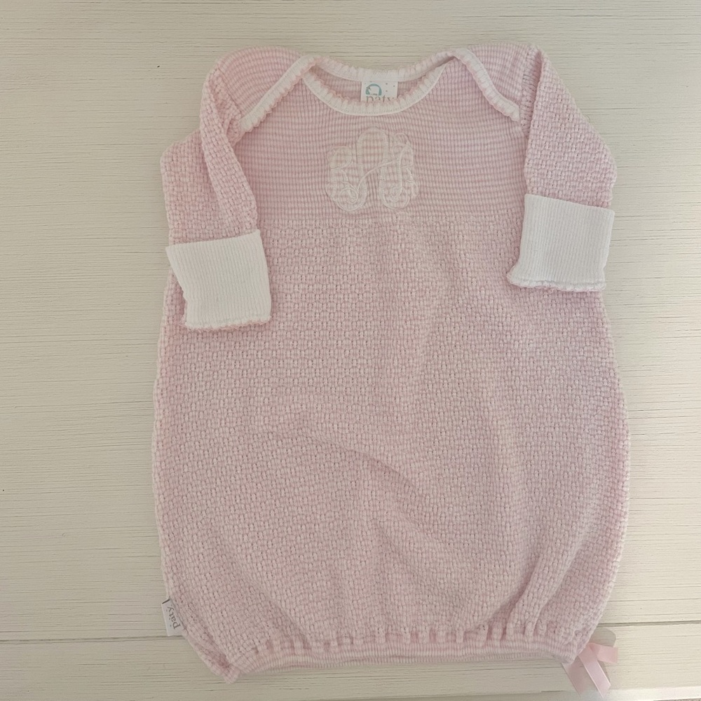 Pink and white monogrammed baby girl gown.